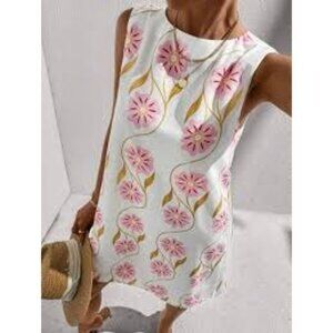 Commense Sleeveless Floral Print Shift Dress White & Pink Small NWT
